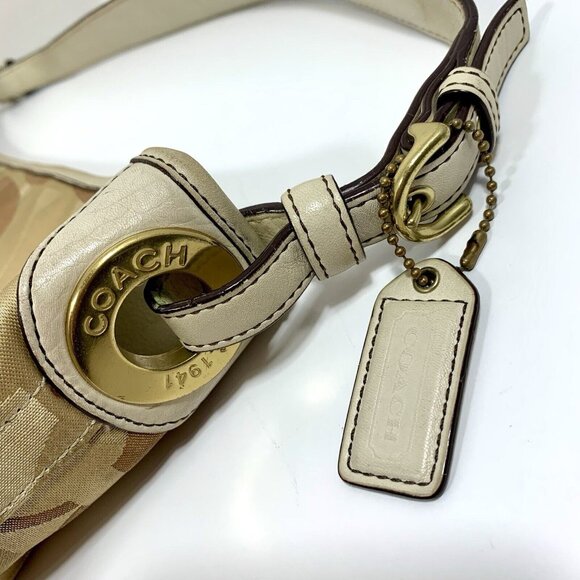 COACH Signature Shoulder Bag Purse Optic Large 7656 Cream Tan Canvas & Leather - Picture 3 of 16